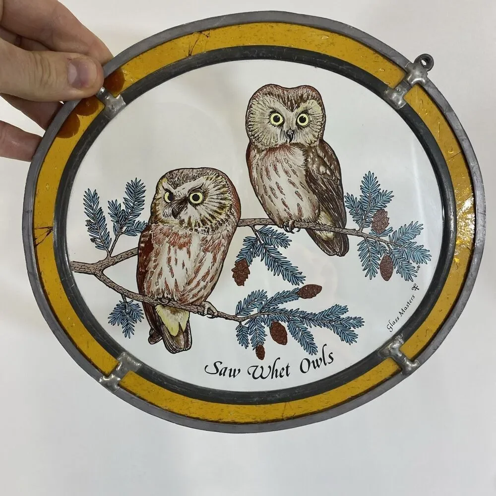 Glass Masters Stainglass Windows Hanging Saw‎ Whet Owls 9”x 8” READ